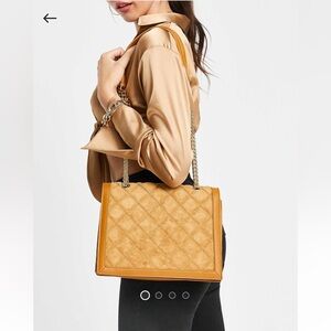 Ever New Helen Suede Quilted Midi Shoulder Bag with Gold Chain in Tan